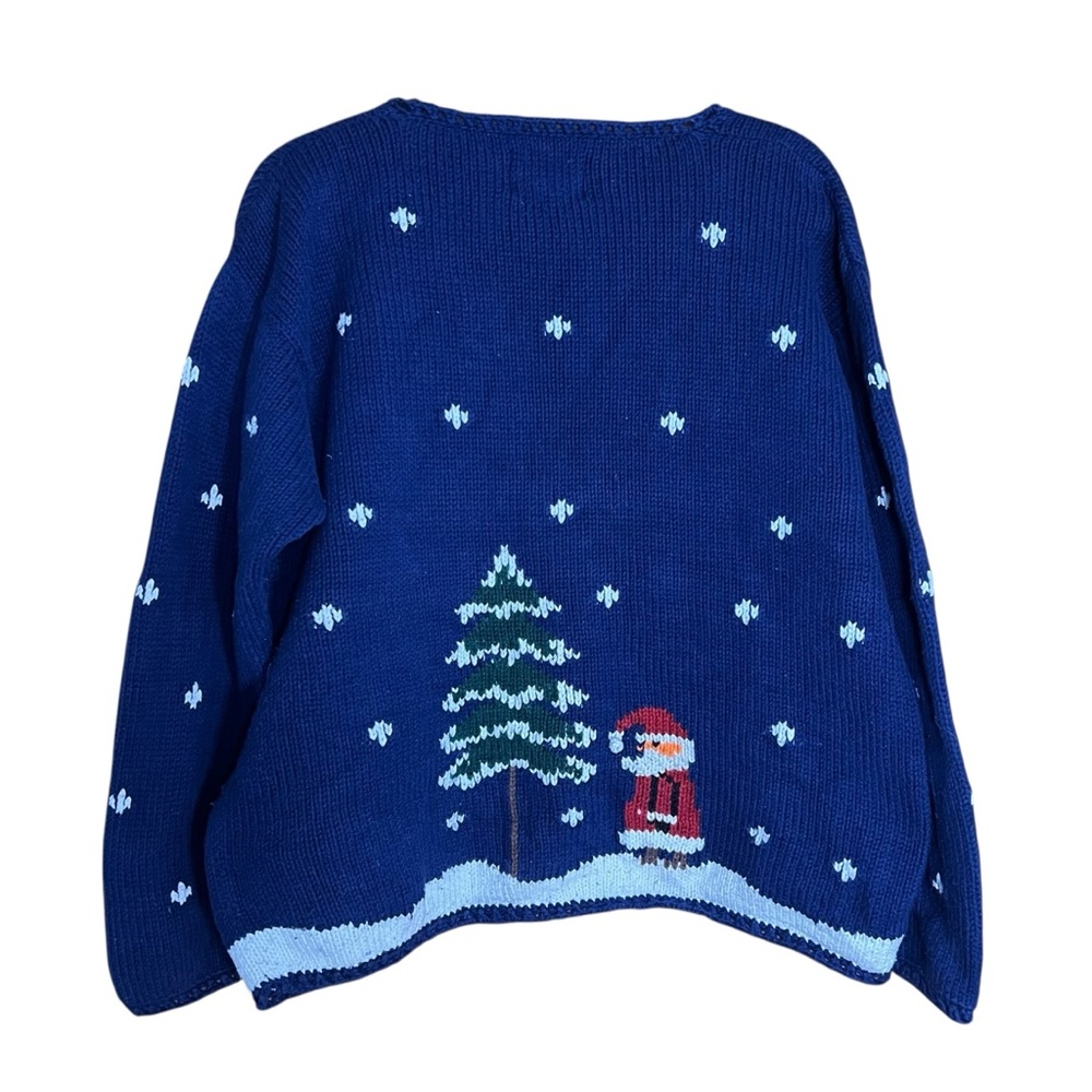 Rey Wear Hand Knit Vintage Christmas Cardigan Sweater Blue Santa Size Large - Picture 3 of 8